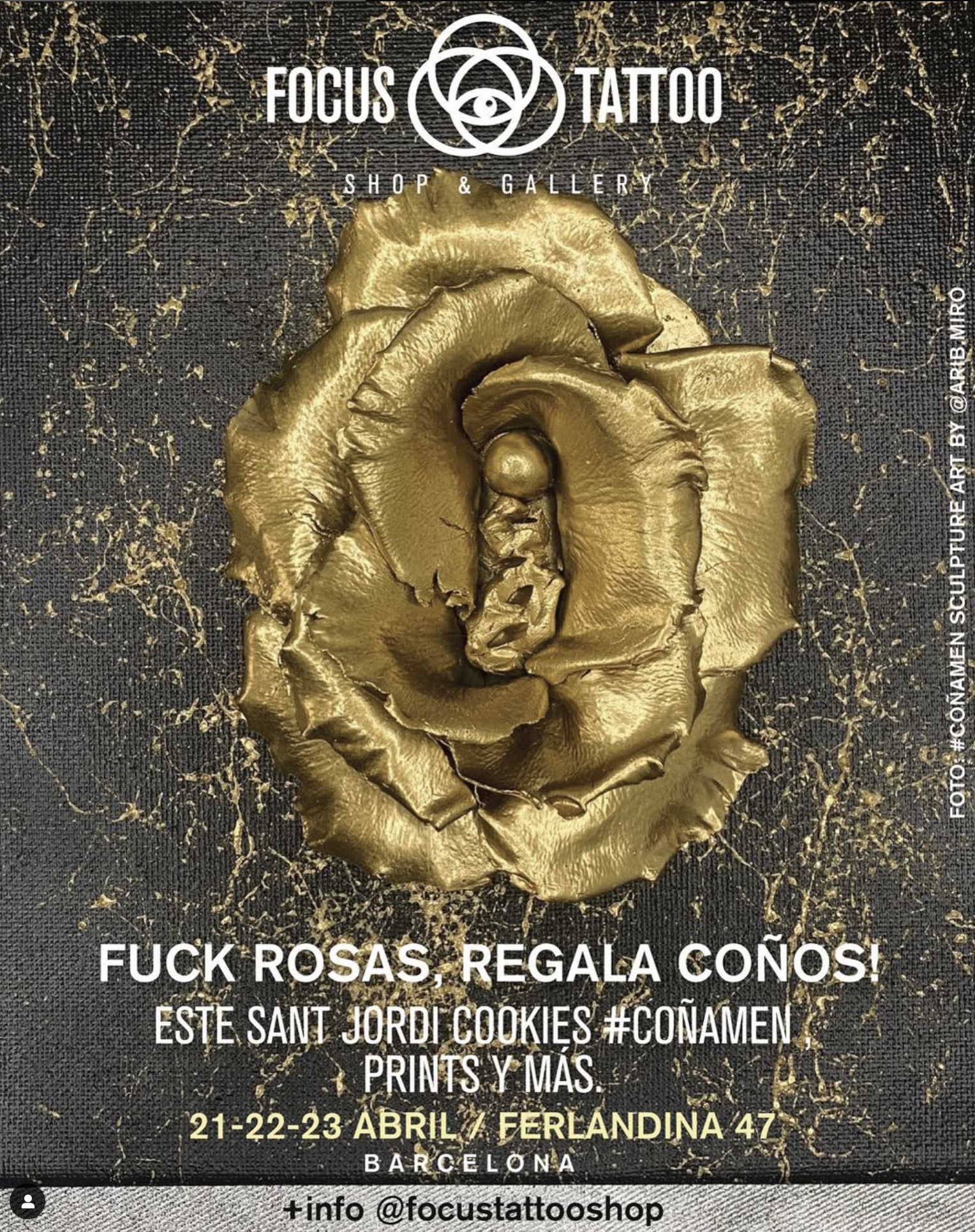 Cartel Sant Jordi 2023 – Escultura dorada COÑAMEN en Focus Tattoo, Barcelona